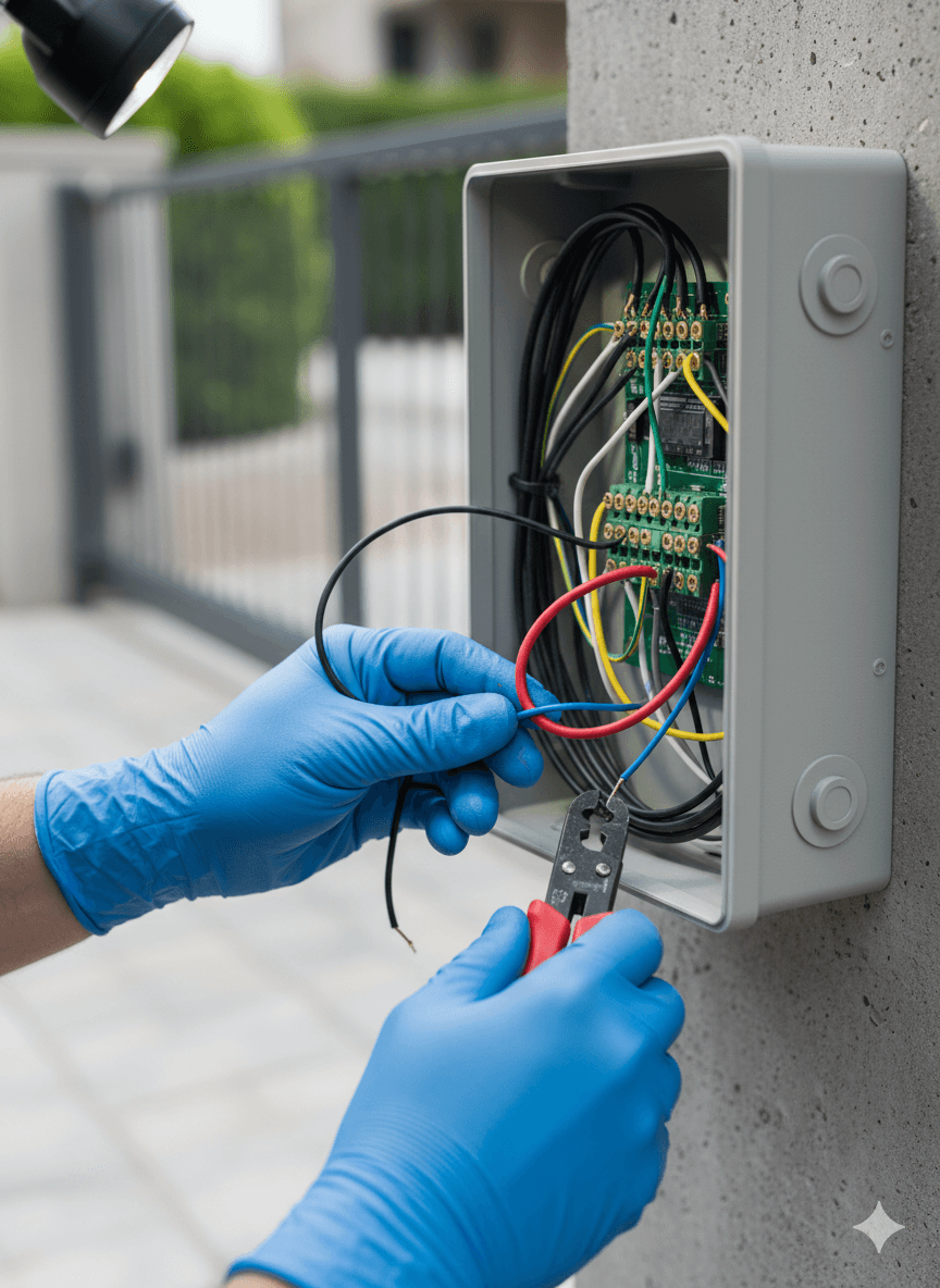 Close-up of wiring gate control panel